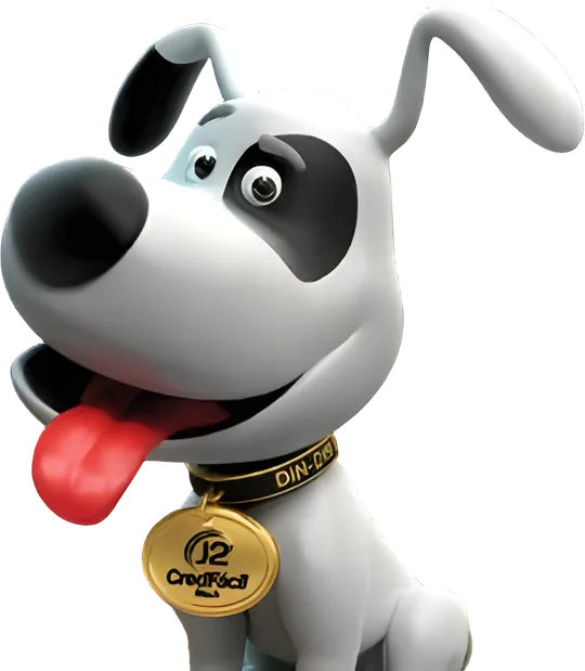 Din-Din, o mascote da J2 CredFácil: um cachorro branco com uma medalha dourada da marca